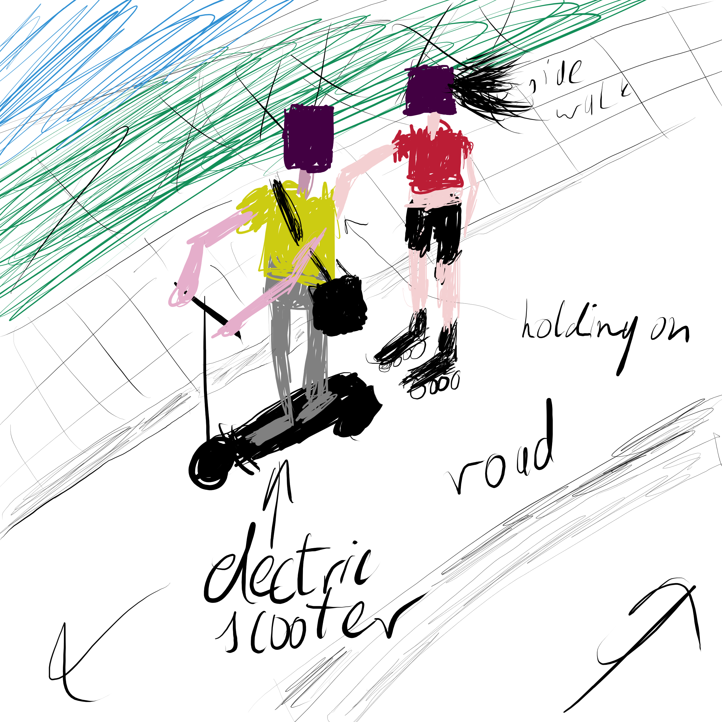 crude but otherwise presentational drawing of two people on a road
